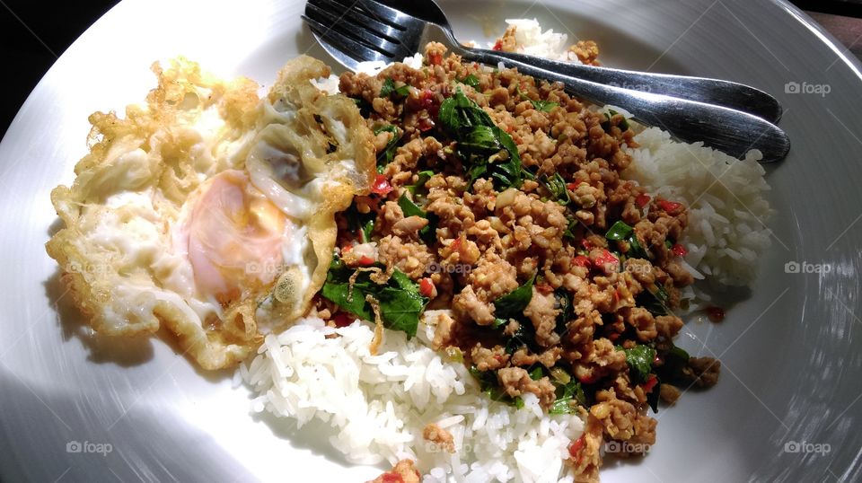 A dish of rice topped with fried egg and stir-fried pork and Basil.Thai food.