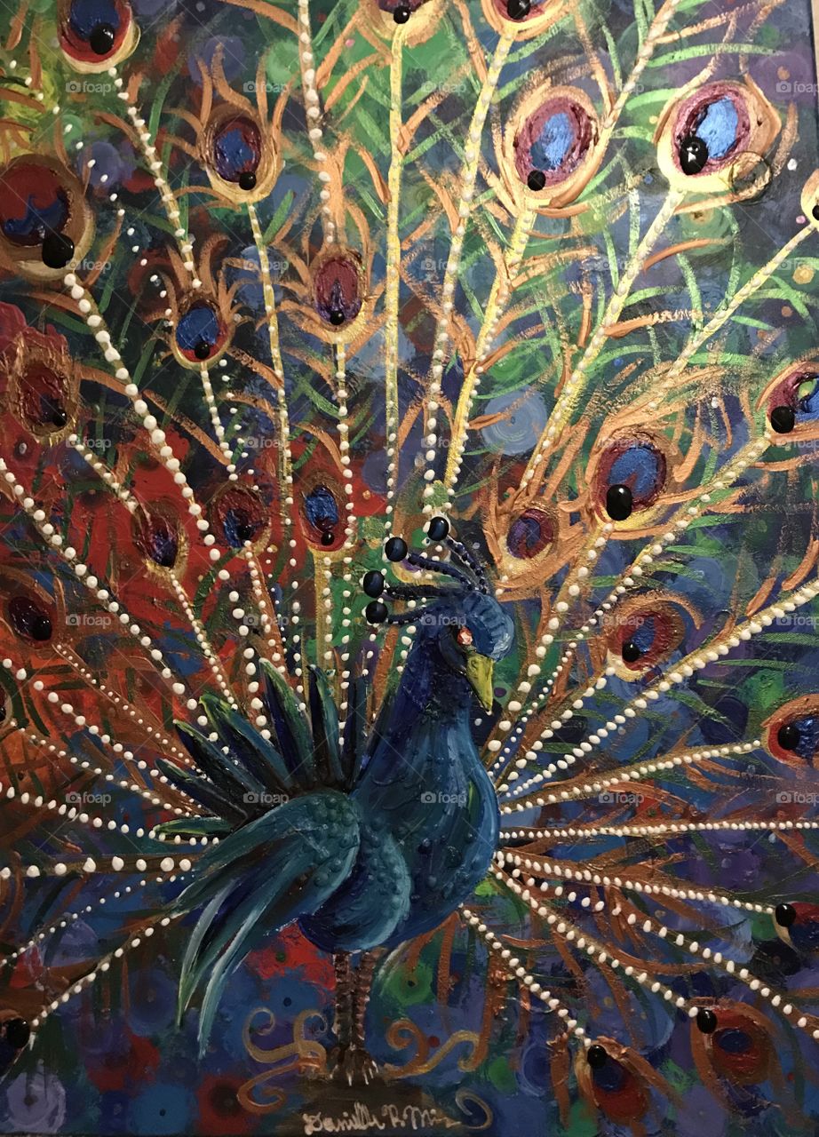 Hand painted peacock artwork by Danielle Renee Mims