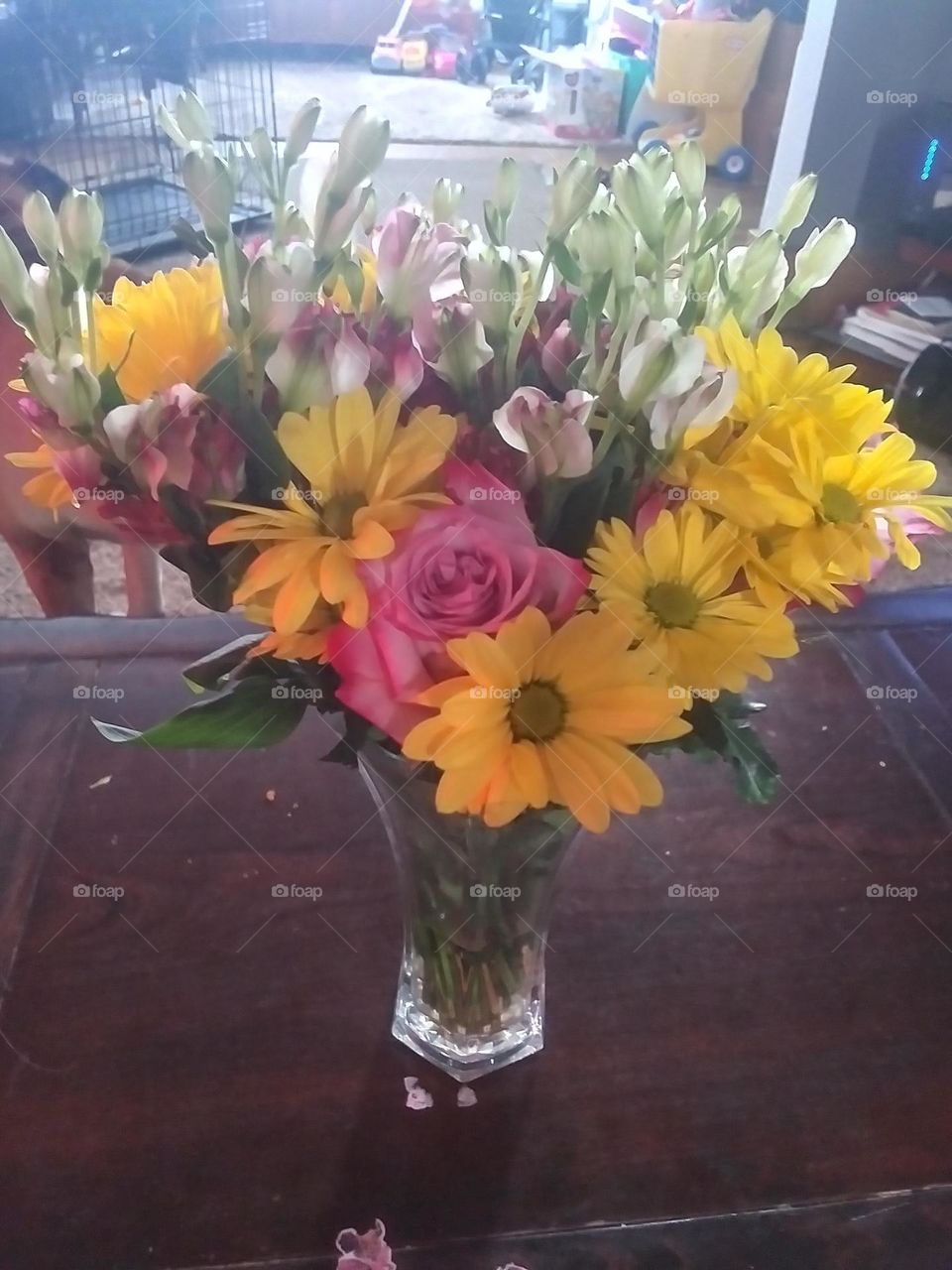 Flowers on a table in a glass vase