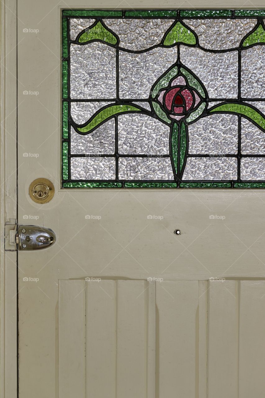 Antique wood door with stained glass window  circa 1930s Art Deco period 