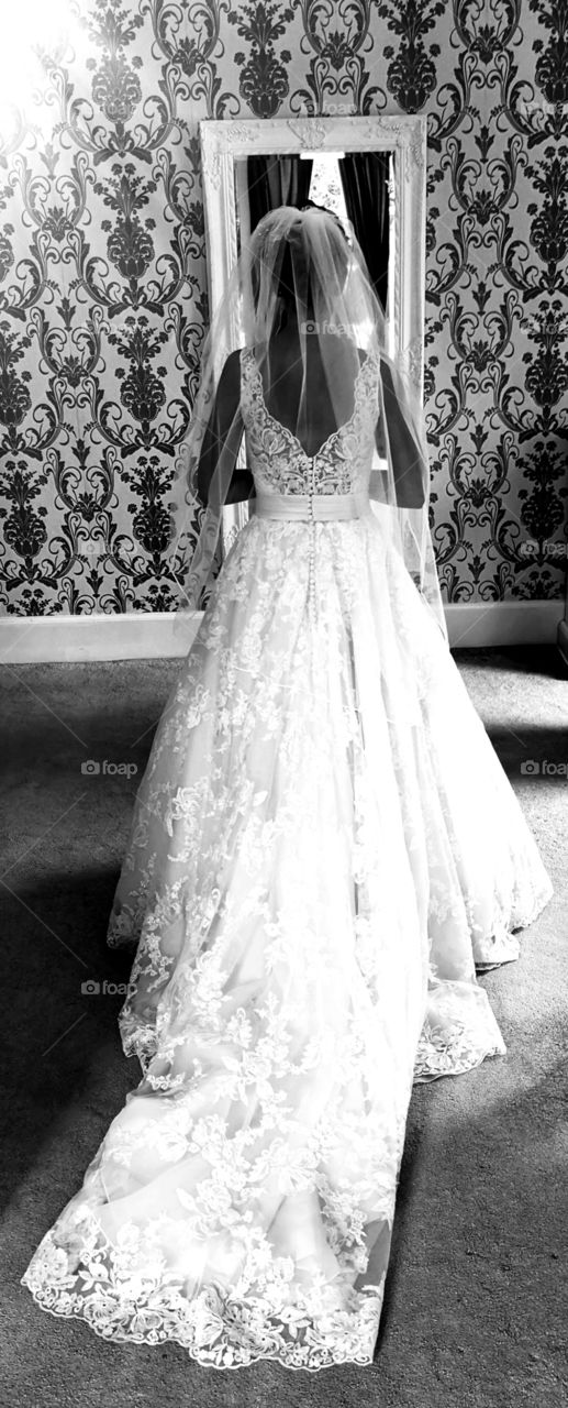 Stunning wedding dress from behind.
