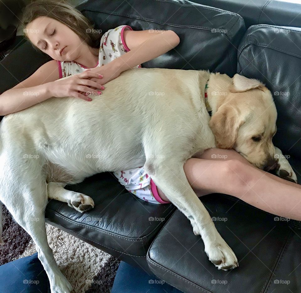 Labrador and girl fast asleep on couch 