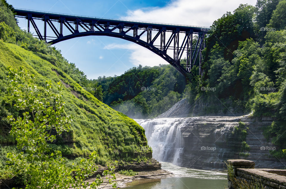 Waterfall and bridge in new your state