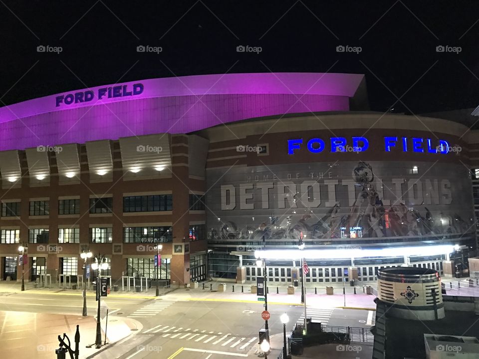 Ford Field at night, Detroit, Michigan USA