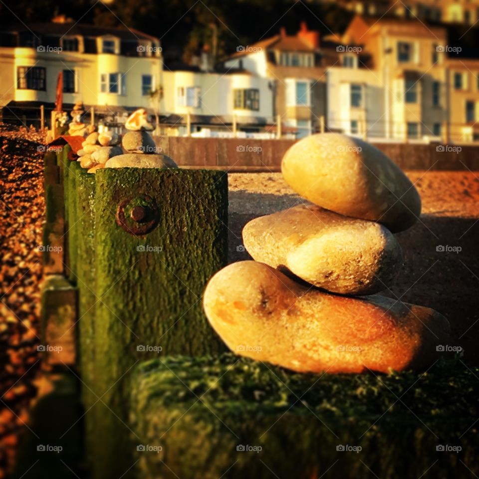 Pebble sculptures on Hastings beach, East Sussex. UK