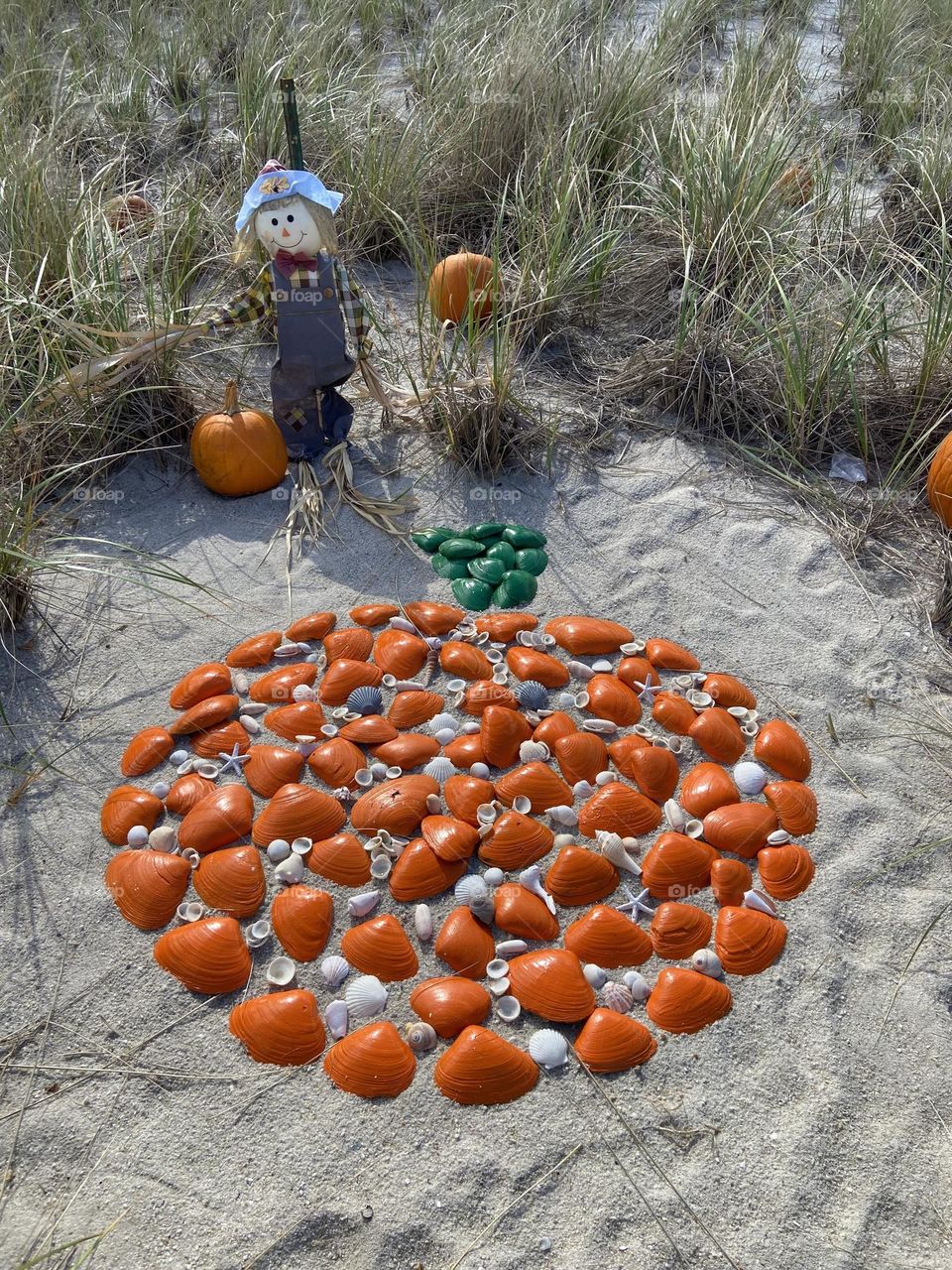 A pumpkin made of seashells in a photo taken on a beach in Bay Head, New Jersey. 