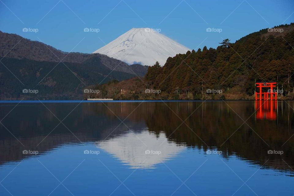 reflection of  mountain in water