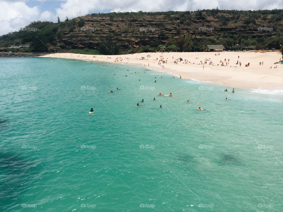 The view from above at a popular beach on the North Shore of Oahu, Hawaii.