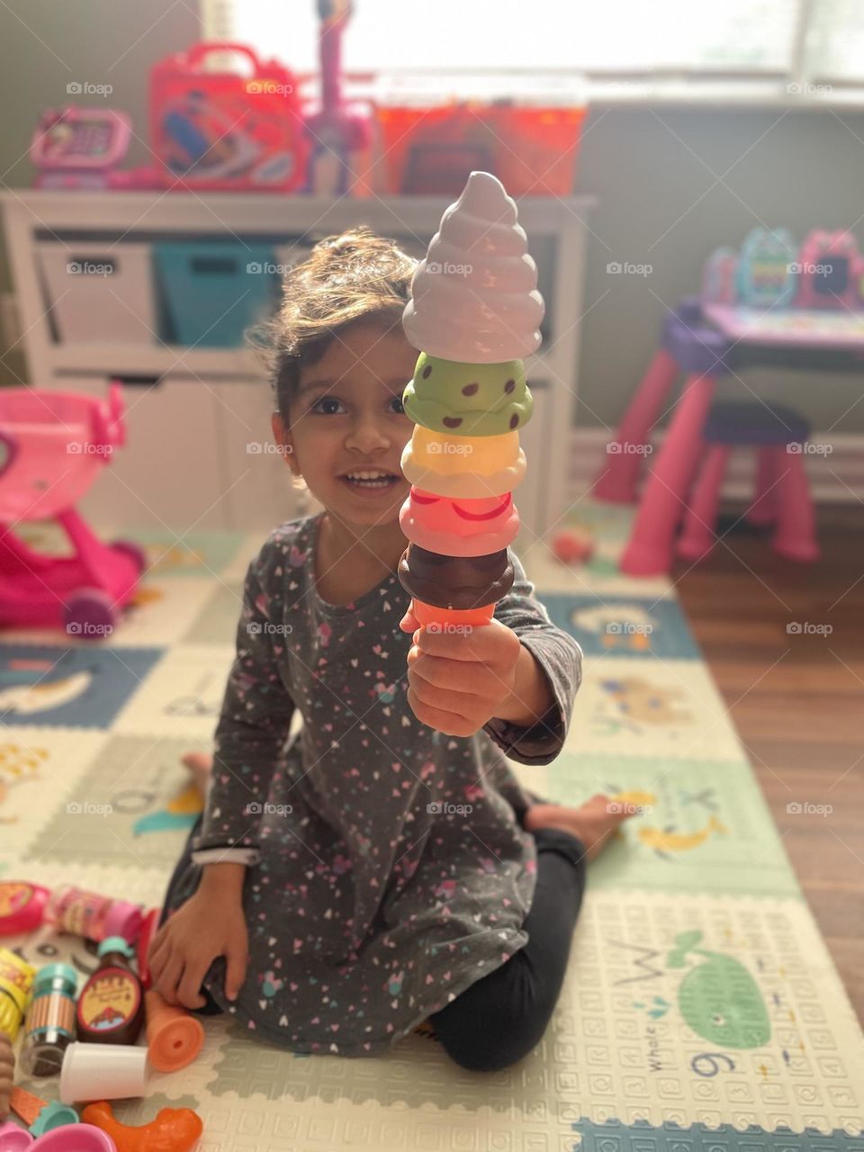 Little girl makes play ice cream cone, making ice cream for mommy, playing with ice cream, play time ice cream cone 