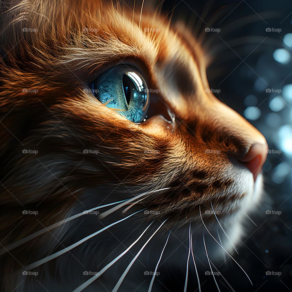 close up of a cat face with round eyes, in the style of vray tracing, photo-realistic techniques