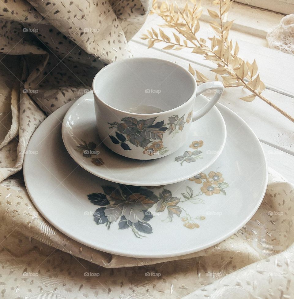 Vintage porcelain set old pottery cup saucer plate