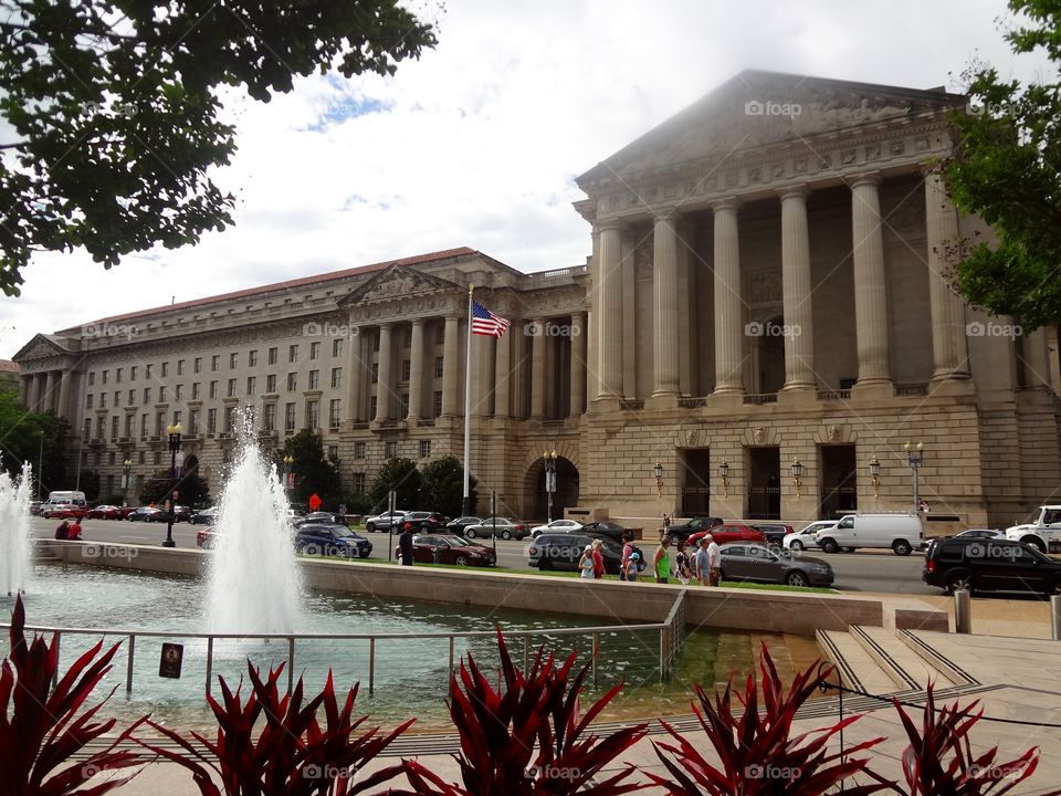 Smithsonian fountain and FBI building