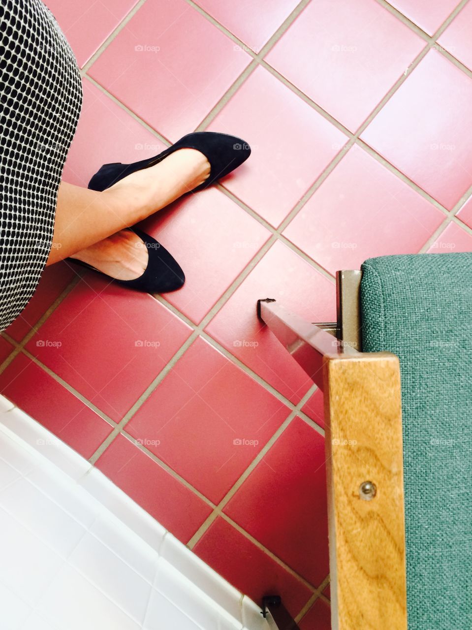 Suede Navy Wedges on Tile, Portrait.