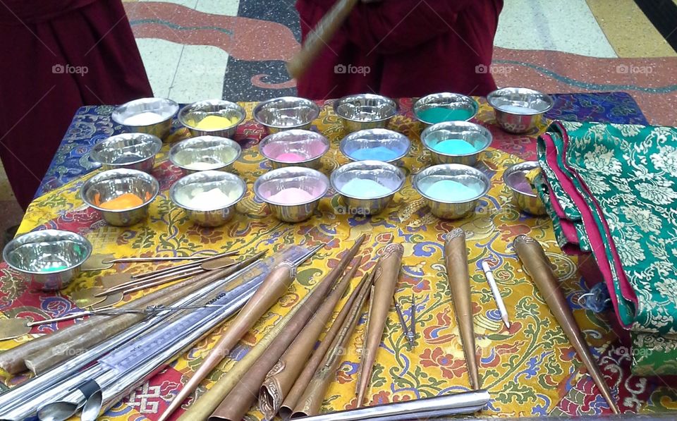 Tools Used by Tibetan Buddhist Monks to Create Traditional Sand Mandalas.  Colorful Bowls of Sand and "Chakpur," Design Tools