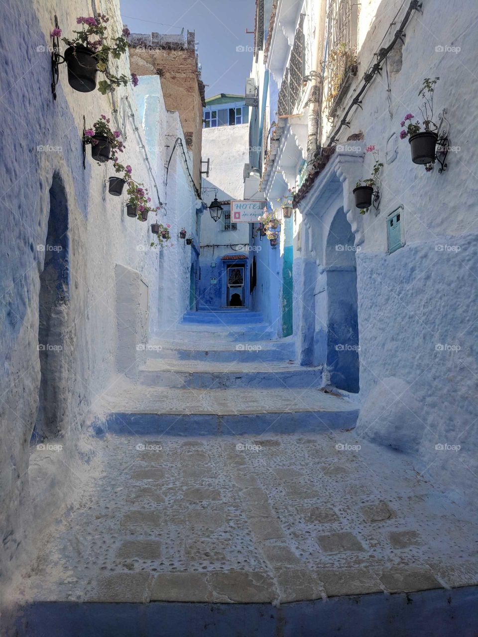 Blue Alley/Street Lined with Colorful Hanging Flower Boxes in the Blue Medina of Chefchaouen (the Blue City) in Morocco