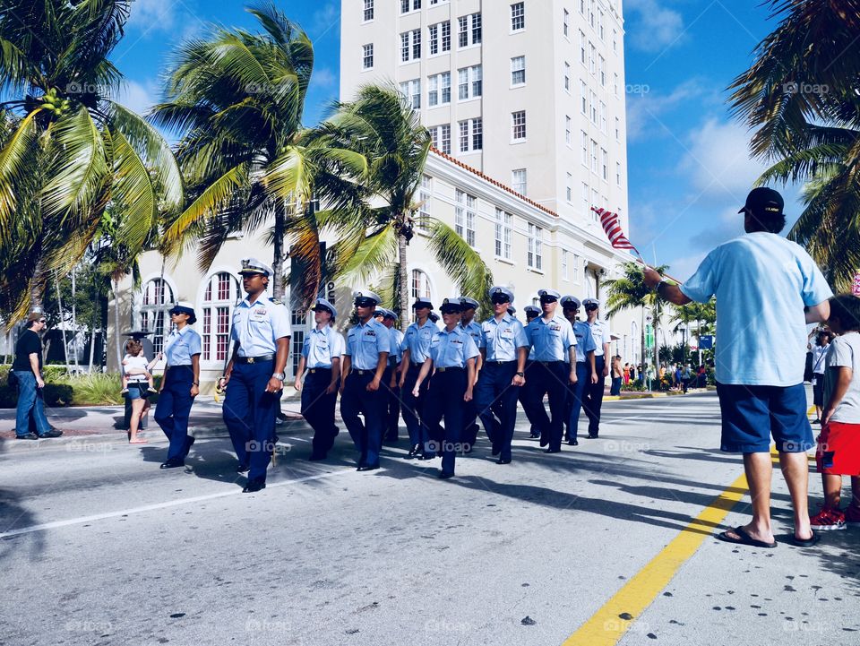 The police in a parade for veteran day 