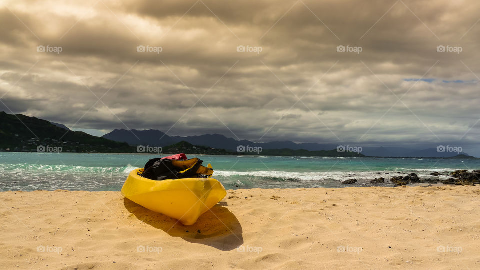 Yellow kayak on the beach. Kailua lanikai beach kayak Hawaii Oahu island