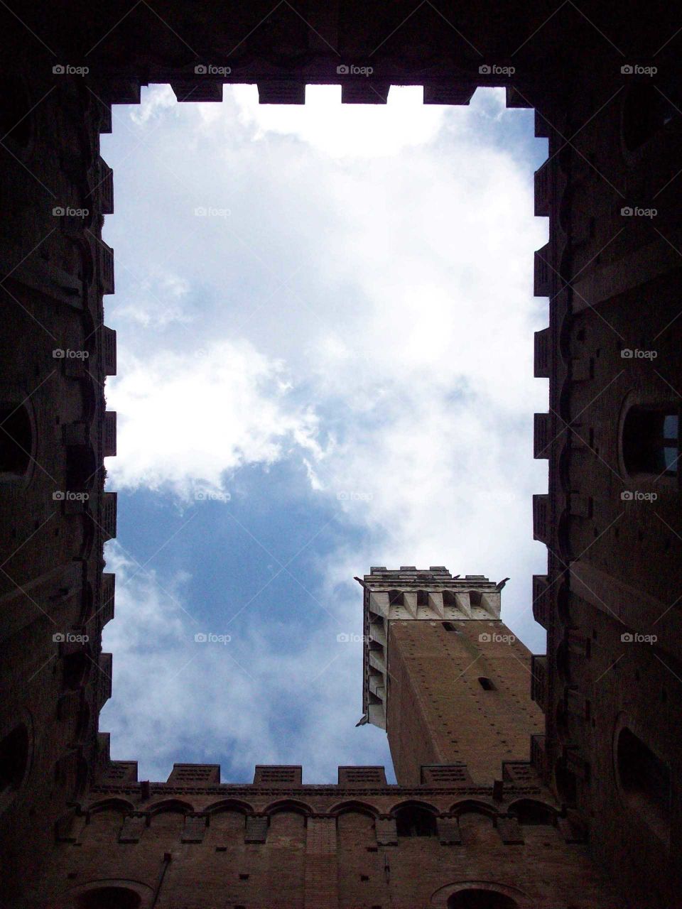 Looking up through an ancient tower