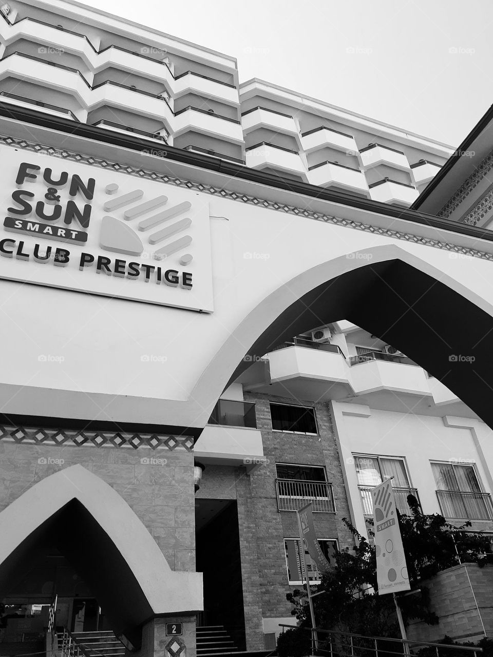 Black and white photo of a hotel in Turkey