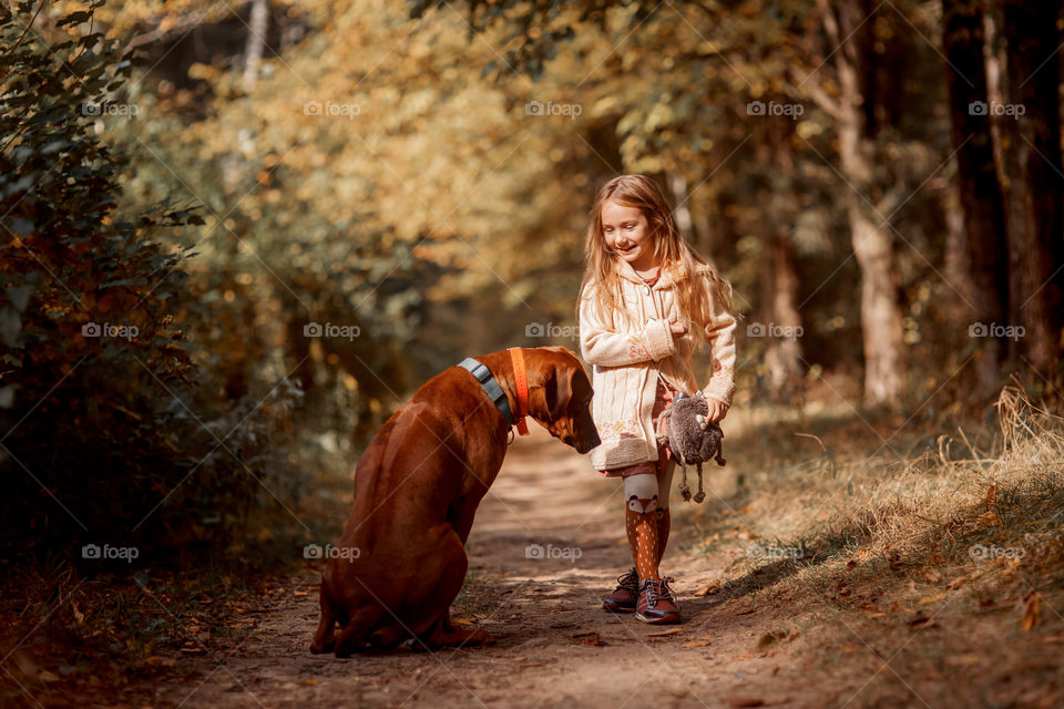 Little girl playing with dogs in an autumn park