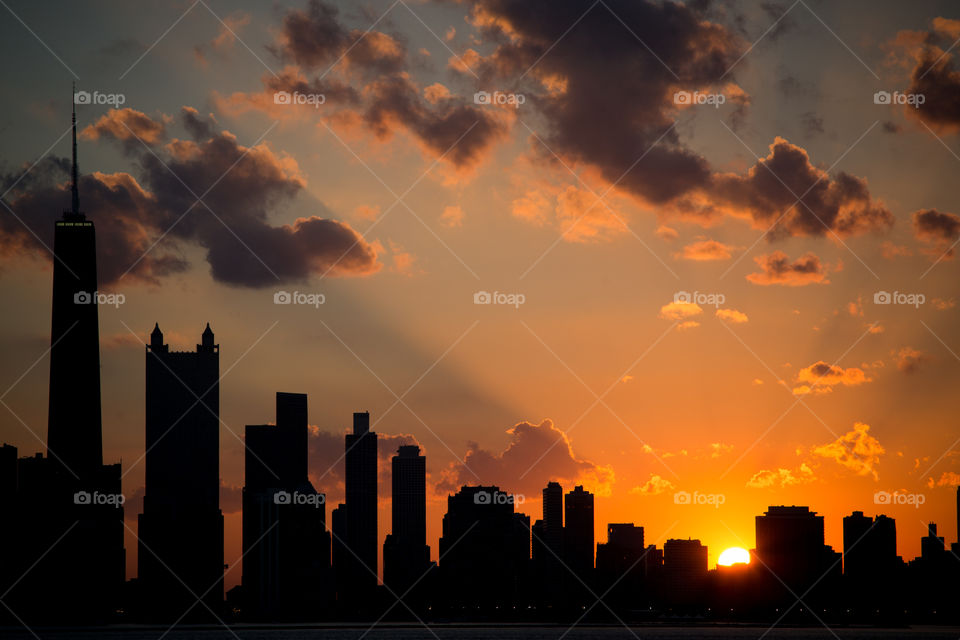 Silhouette of cityscape at sunset, Chicago, Illinois