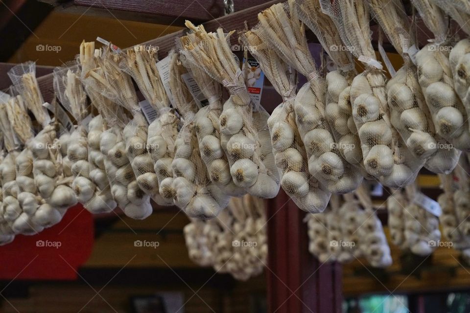 Bunches Of Garlic At A Farmer’s Market