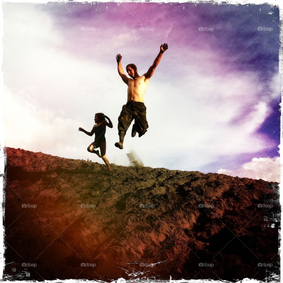 Fun Dad Jump. Jumping at the sand dunes. Jim Creek Palmer, AK