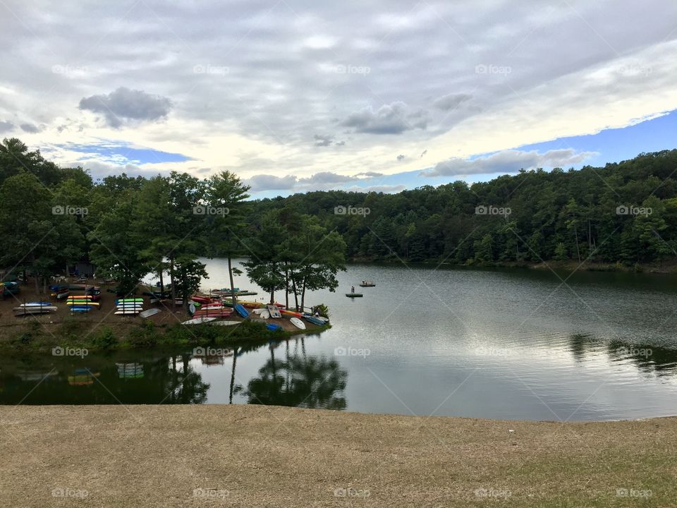 Lake Laura with canoes and kayaks in Shenandoah Valley, Virginia
