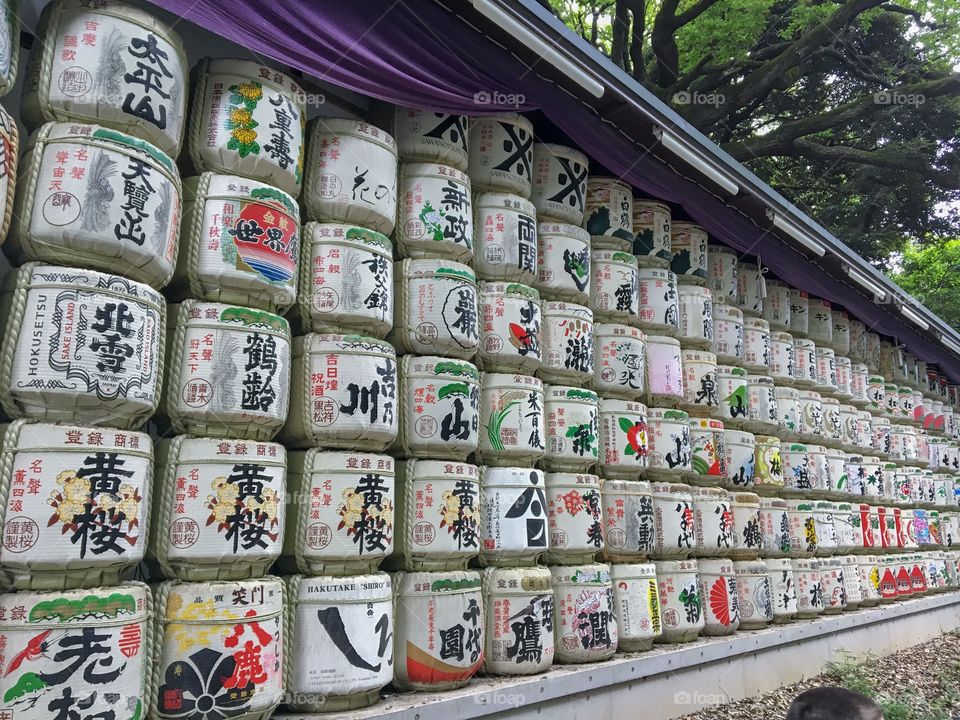 Sake barrels inside Meiji Shrine in Tokyo, Japan