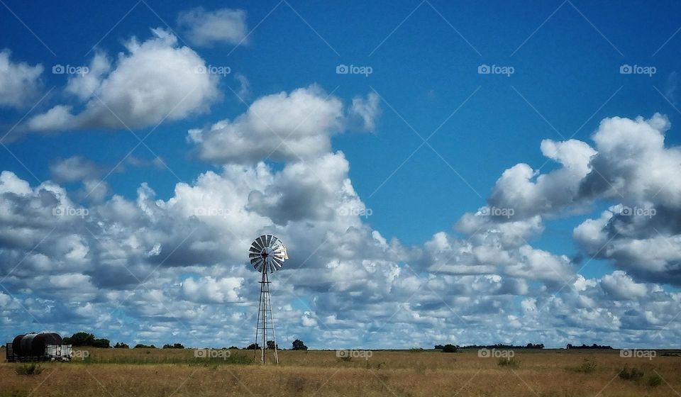 a windpump and beautiful scenery on a farm.