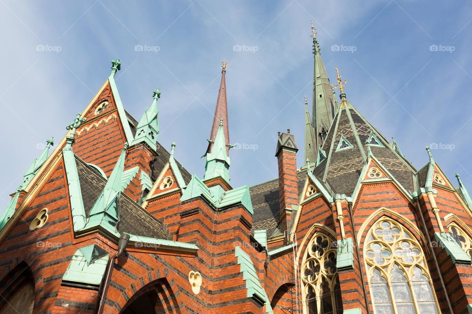 Amazing architecture, pinnacles and towers reaching for the sky, Oscar Fredriks Church Gothenburg Sweden 
