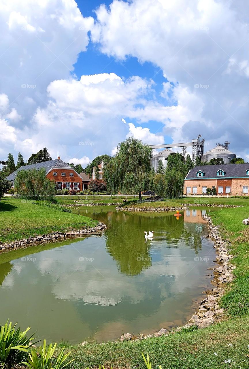 Lindo lago contrastando com as cores das construções e o céu nublado, apenas um casal de cisne desfrutando dessa beleza.