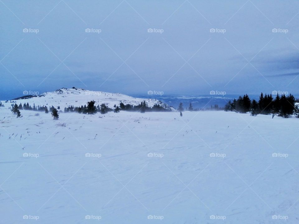 A winter photo somewhere high on Vitosha mountain in Bulgaria with lots of beautiful white snow and a stunning view