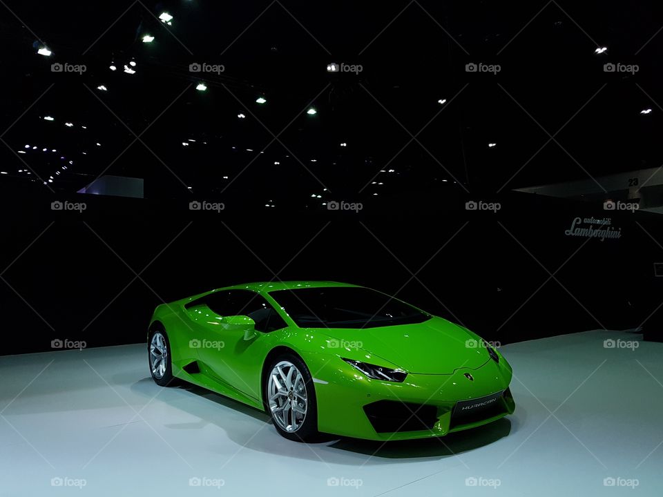 Green supercar Lamborghini Hurracan at Bangkok international motorshow 2017