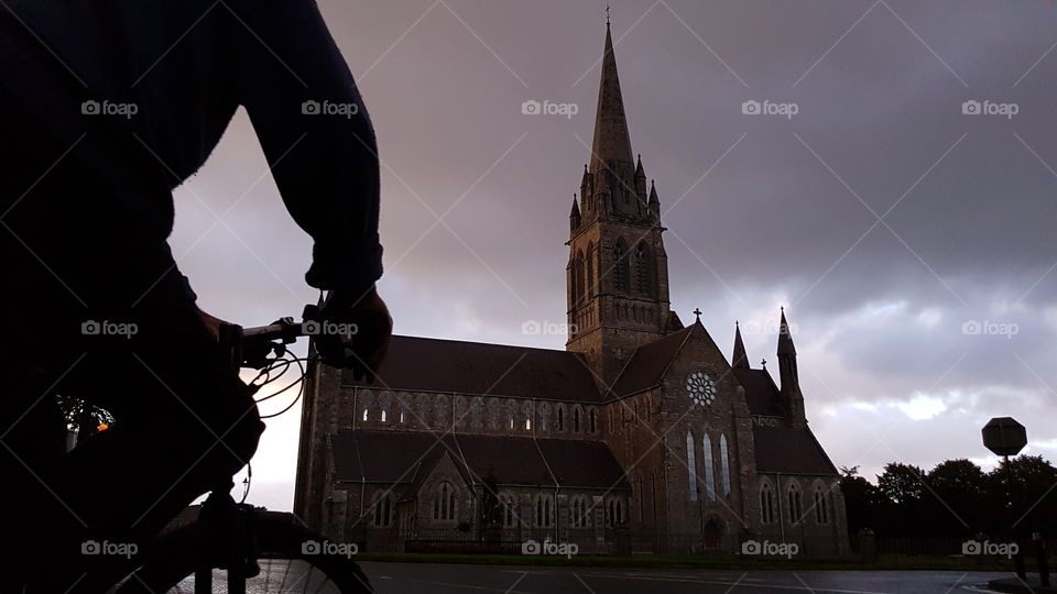 church, bike, person, Sky, clock, religion, tower, cathedral, tower, street