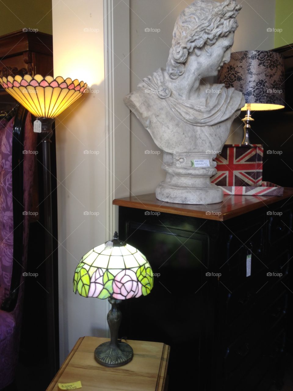 Classic Roman style antiques and Tiffany glass stained lamps