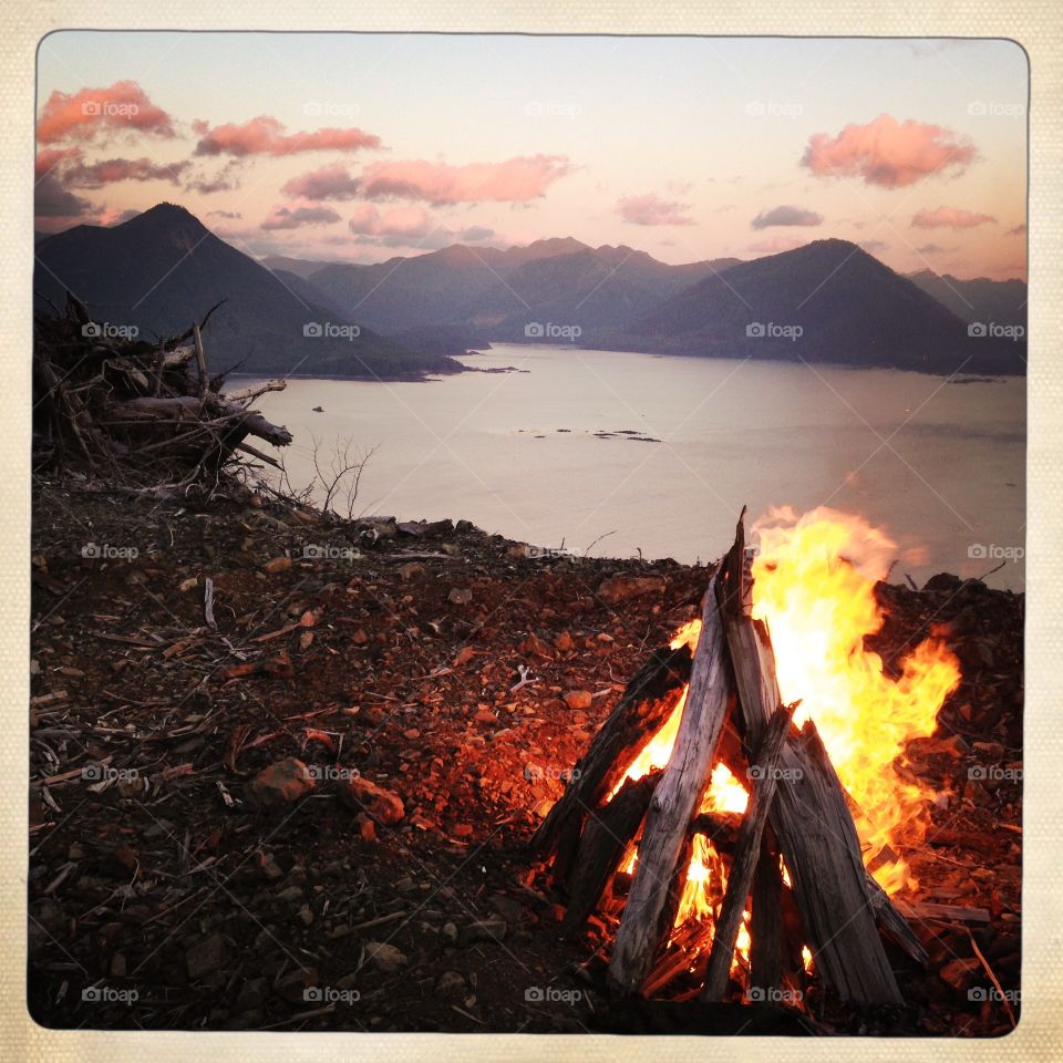 Bonfire and sunset at Side Bay, Vancouver Island.