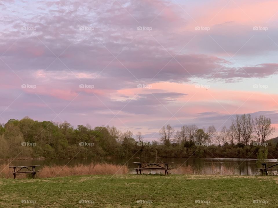 Picnic table by water