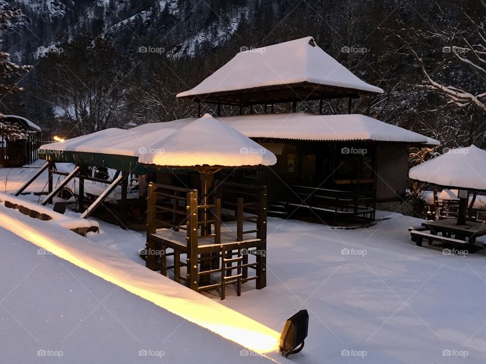 Winter in the backyard. Mountain landcape covered with snow