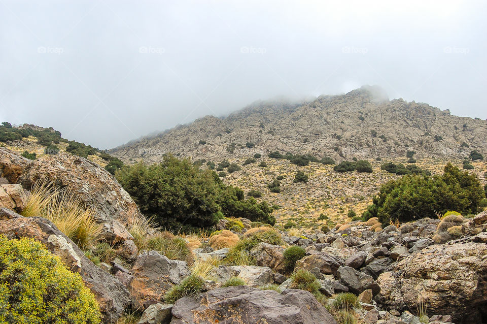 Misty mountains. Landscape of the High Atlas mountains in Morocco