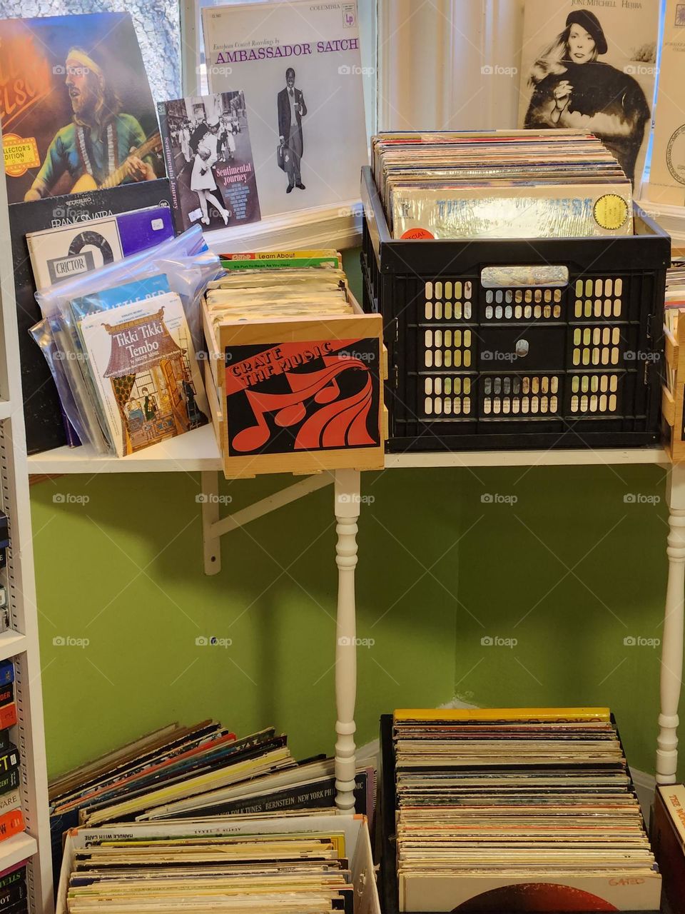 vinyl records in music section of Oregon used book shop