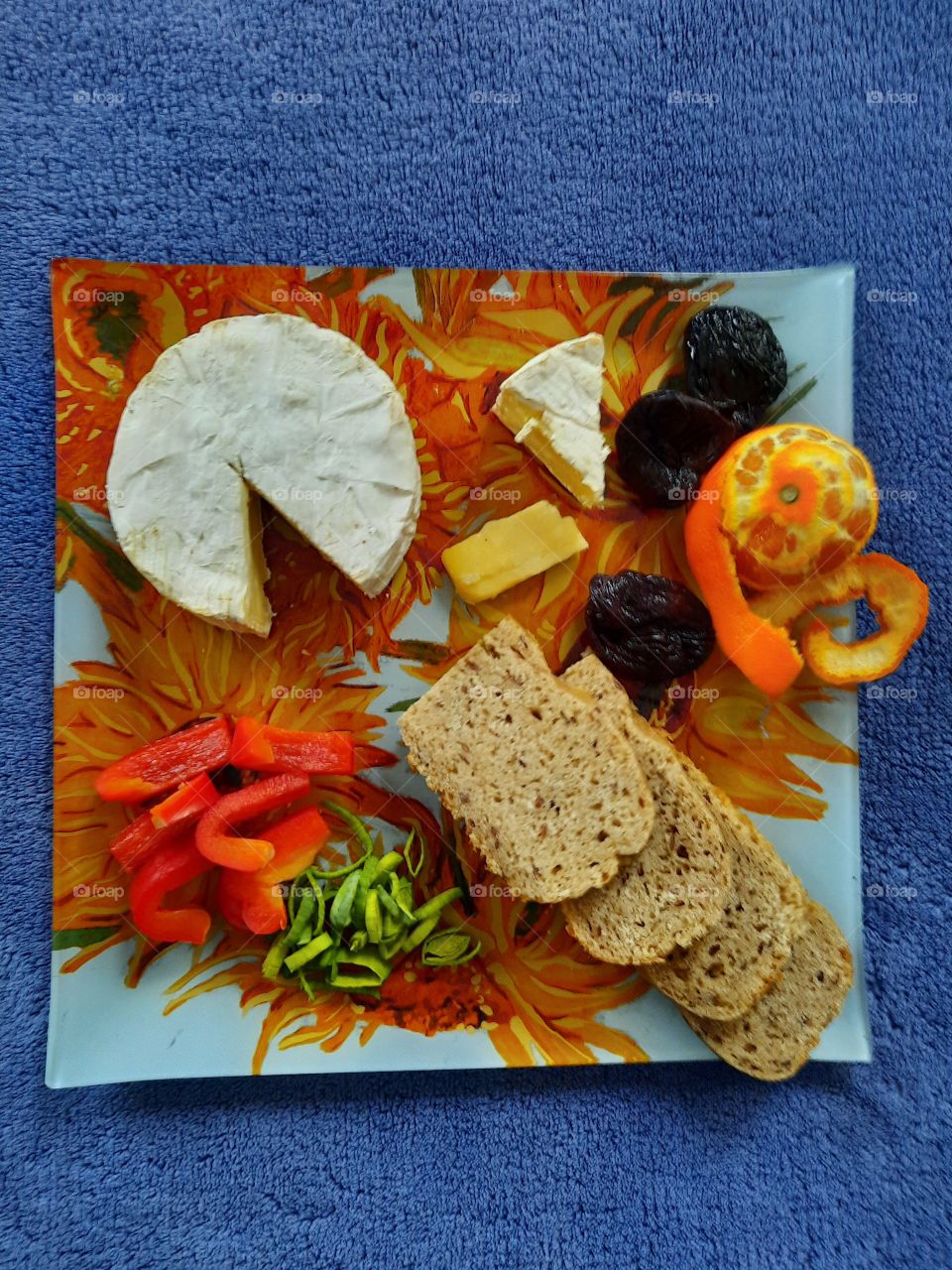 healthy snack  with home made bread cheese fruits and veg