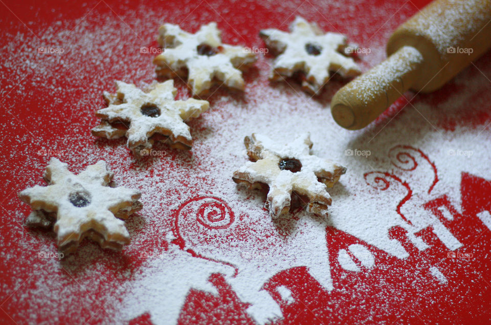 Winter at home, cookies and decoration of powdered sugar
