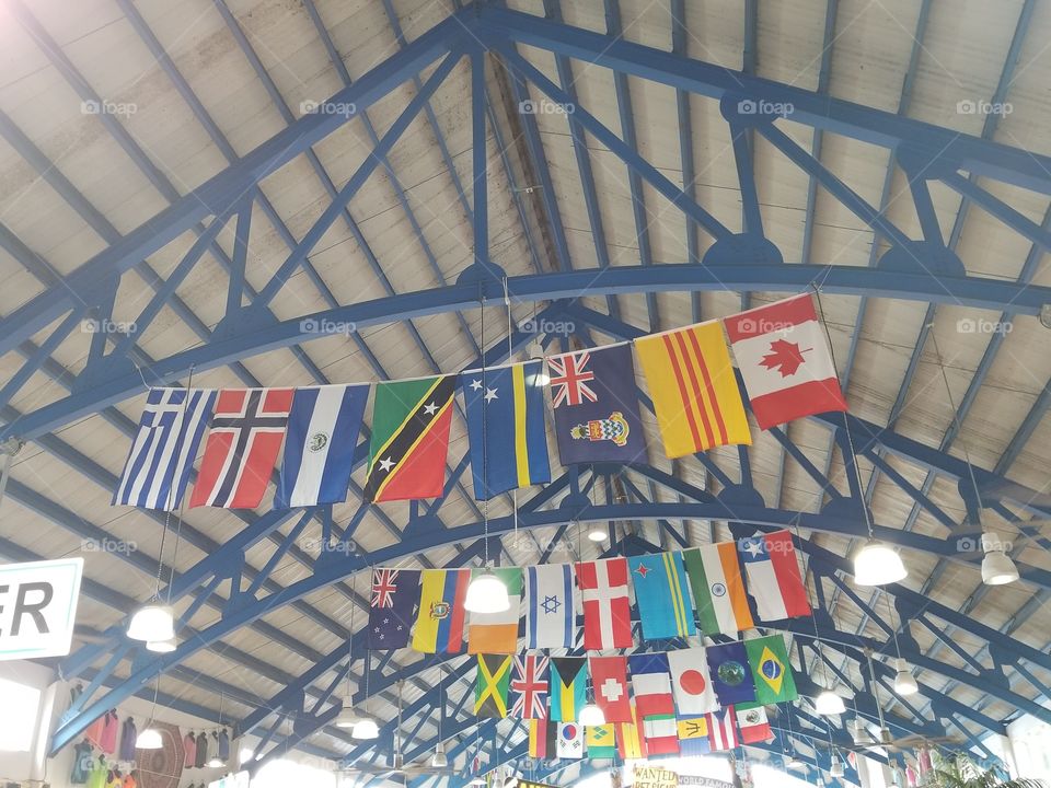 Flags,hung up at a store in St Thomas