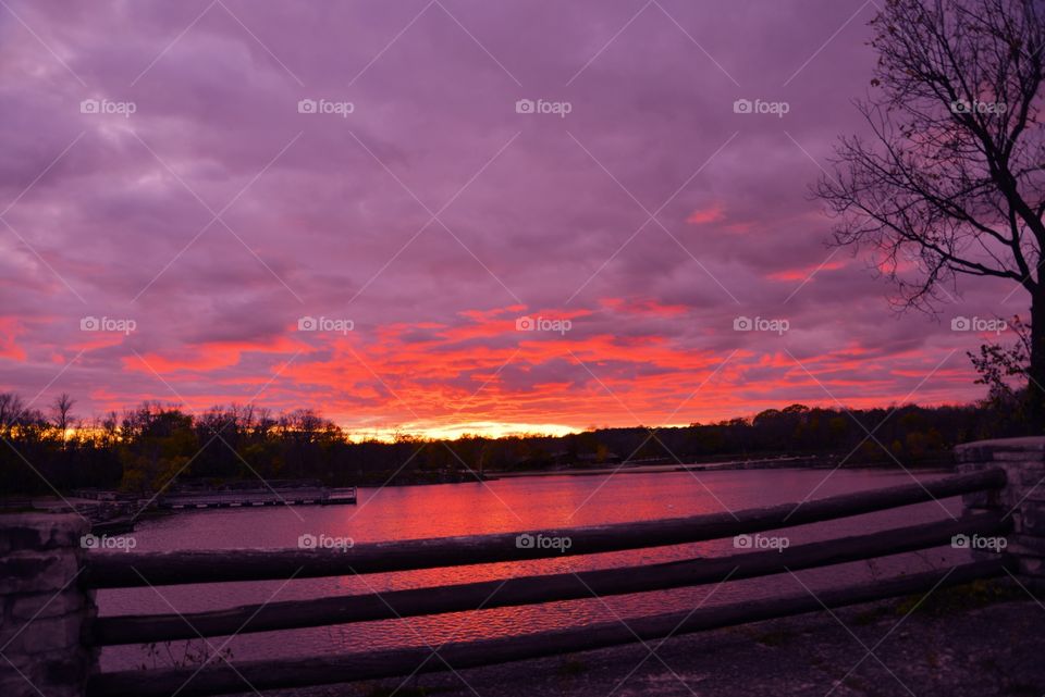 Red sunset on ice. Shot and At Menominee Falls Quary