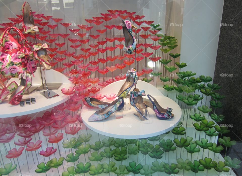 Ginza, Tokyo, Japan.  Colorful Spring Store Window Display of Women's Shoes