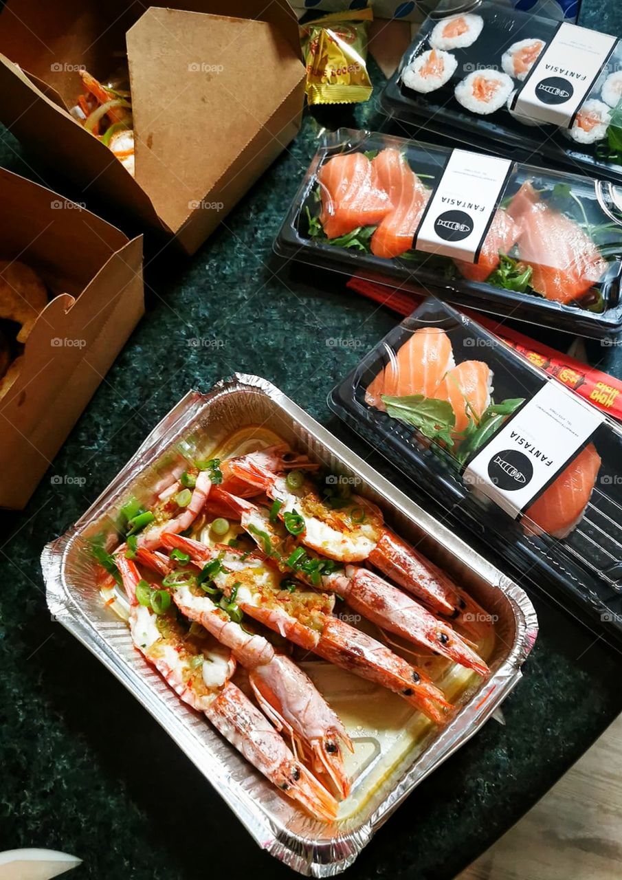 Ready-made seafood meal.  Sushi.  Rolls