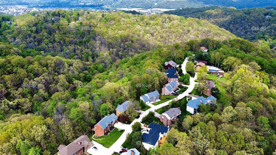 birds eye view of bucolic neighborhoods in norther Virginia - taken by aerial pointe drone 
