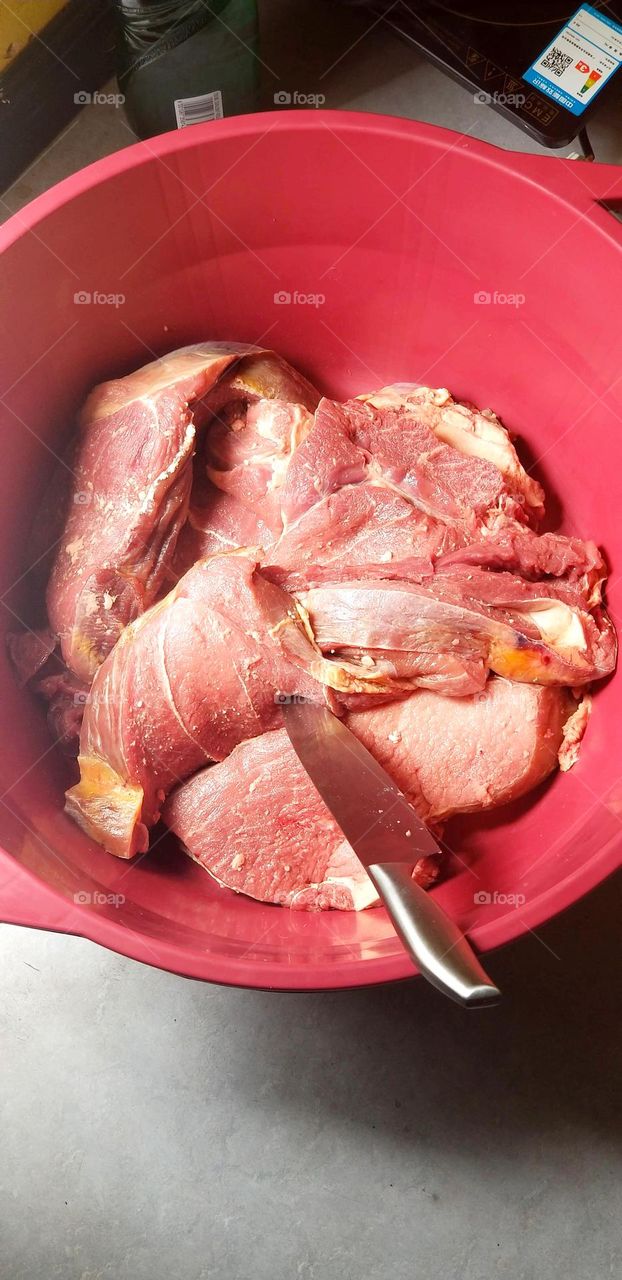 Beef meat, ready for slicing and dried into biltongs. Tasty meat for sure. Sprinkle small amount of spice and let it air dry. Add more flavor of mild chili. Can be cooked as soup , grilled you name it, suitable for variety of dishes.