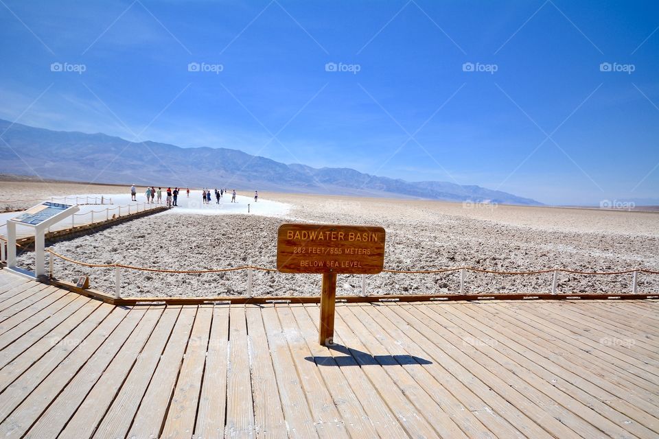 The famous sign at Bad Water in Death Valley explaining that it's 65,5 meters below sea level 